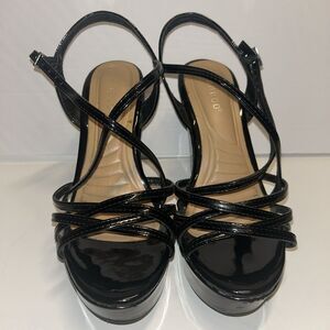 Women’s Sz. 7 Bamboo Platform Wedge Sandals W/ Ankle Strap Black  Patent